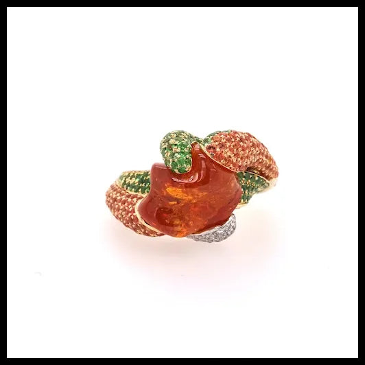 Gold Ring with Uncut Garnet, Tsavorites, Diamonds and Orange Sapphires