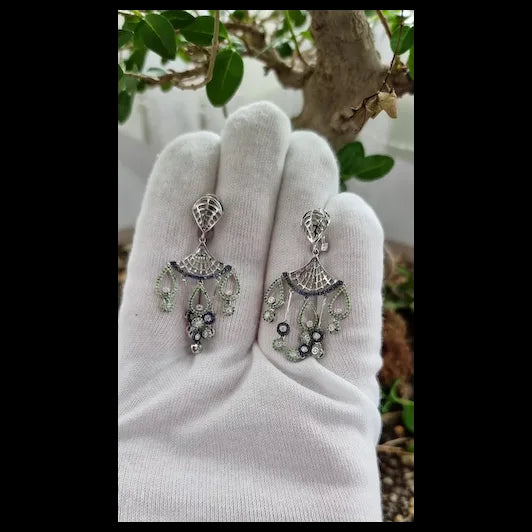 18K Gold Dancing Princess Earrings with Diamonds, Tsavorites and Sapphires