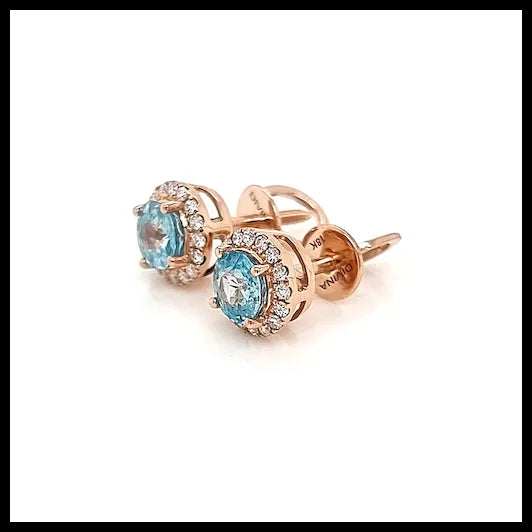 Pink Gold Earring Studs with White Diamonds and Light Blue Natural Zircon