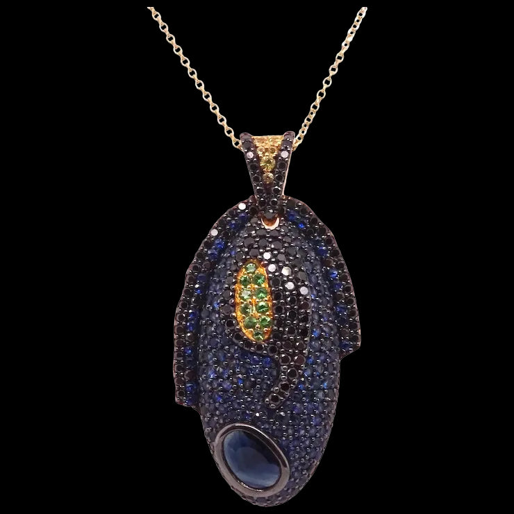 18k Gold Blue Tang Pendant with Diamonds, Sapphires and Tsavorites