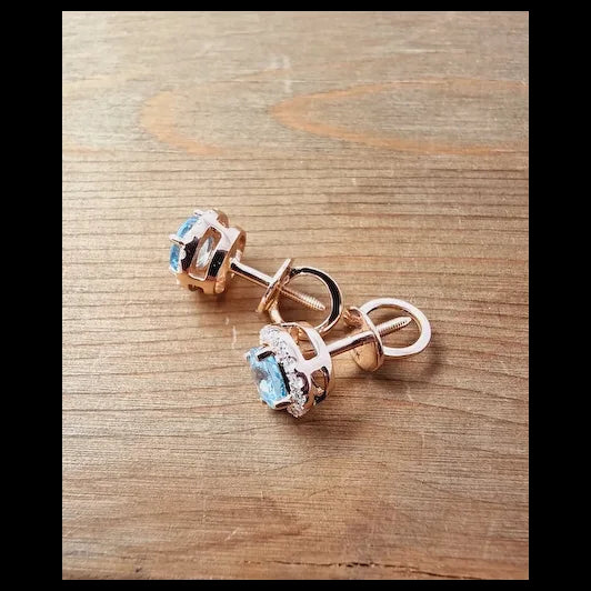 Pink Gold Earring Studs with White Diamonds and Light Blue Natural Zircon