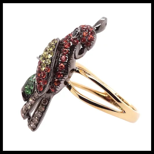 14K Gold Colourful Parrot Ring with Diamonds, Garnets and Sapphires