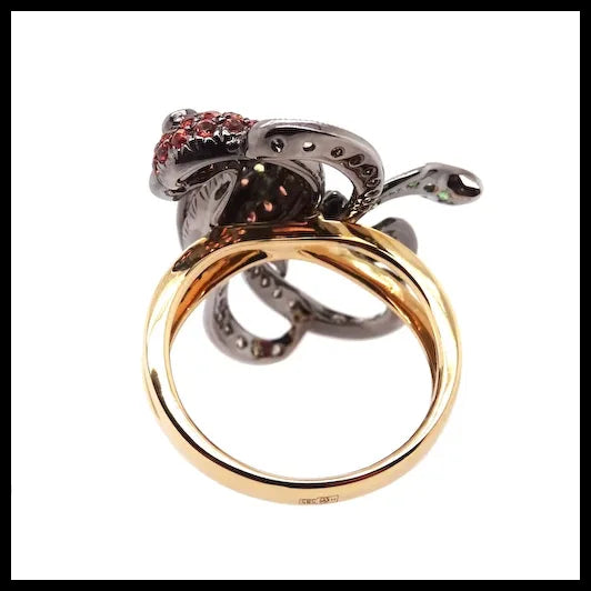 14K Gold Colourful Parrot Ring with Diamonds, Garnets and Sapphires