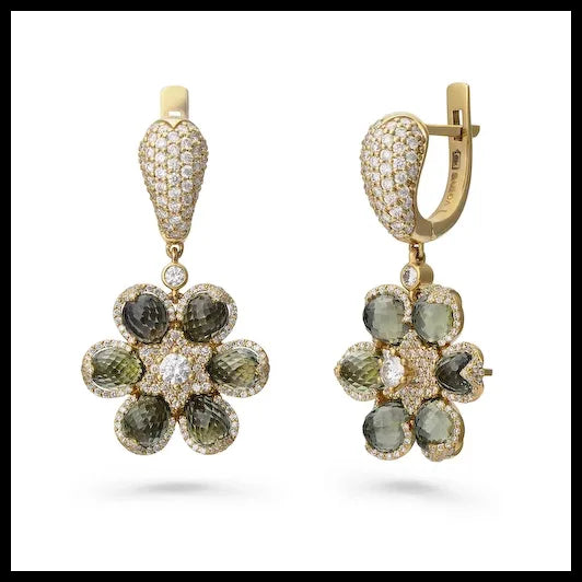 18K Yellow Gold Earrings with Briolette Cut Green Sapphires and White Diamonds