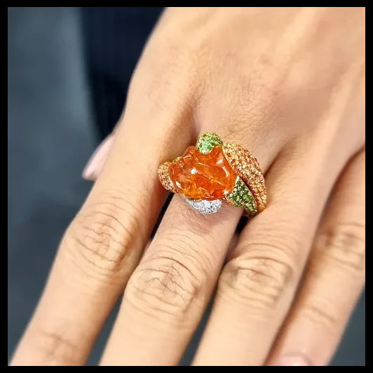 Gold Ring with Uncut Garnet, Tsavorites, Diamonds and Orange Sapphires