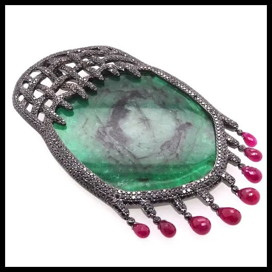 14K Gold Tender Trap Pendant with Emeralds, Black Diamonds and Rubies