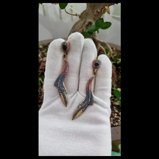 18K Gold Earrings with Black and White Diamonds, Blue, Yellow and Orange Sapphires | Hawaiian Cleaning Wrasse Earrings