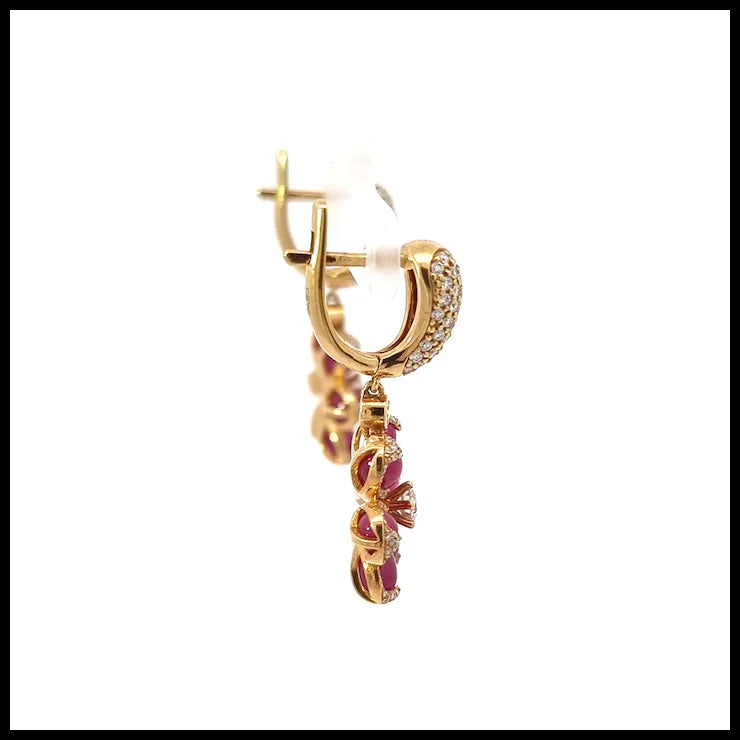 18K Yellow Gold Earrings with Cabochon Drops Cut Rubies and White Diamonds