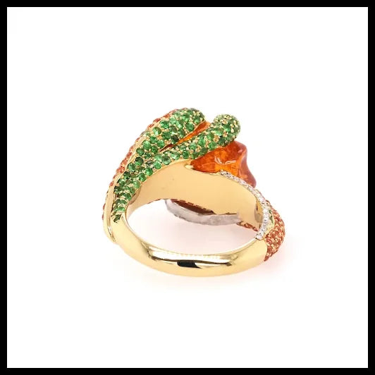 Gold Ring with Uncut Garnet, Tsavorites, Diamonds and Orange Sapphires