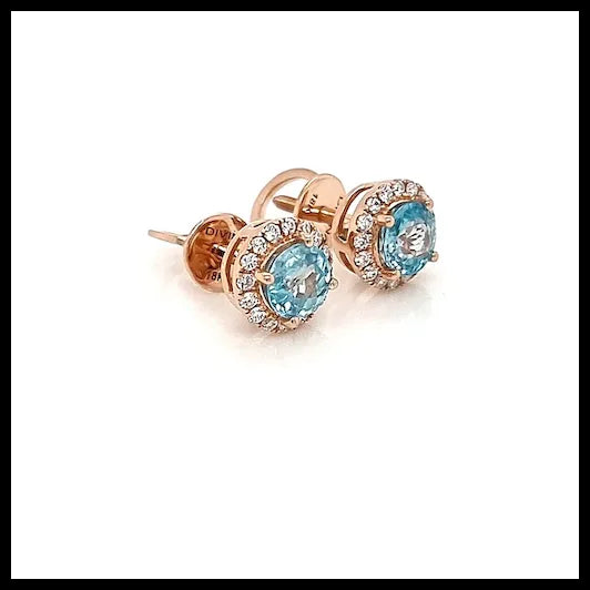 Pink Gold Earring Studs with White Diamonds and Light Blue Natural Zircon