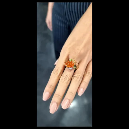 Gold Ring with Uncut Garnet, Tsavorites, Diamonds and Orange Sapphires