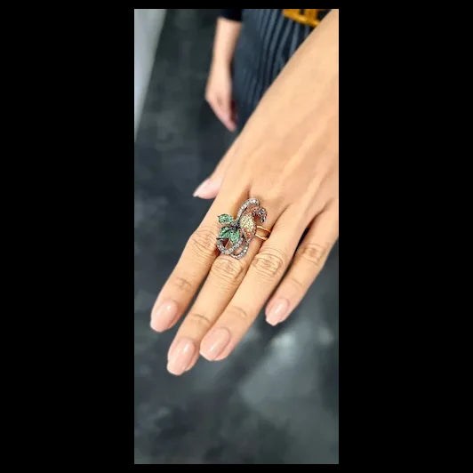 14K Gold Colourful Parrot Ring with Diamonds, Garnets and Sapphires
