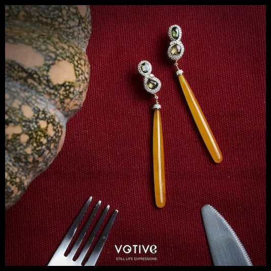 Yellow Jade Long Earrings in 18K Yellow Gold with Sapphires and Diamonds