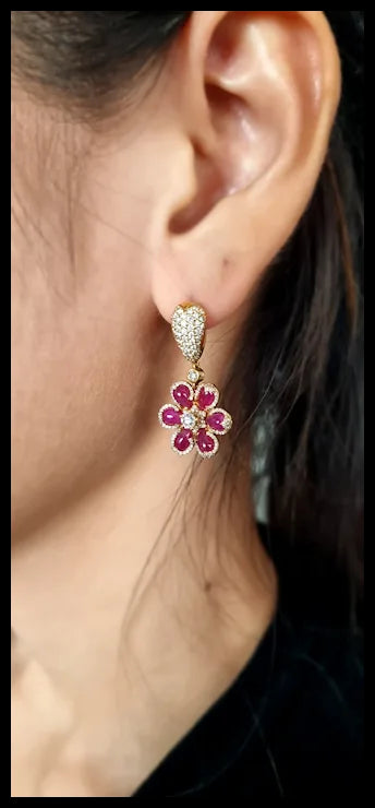 18K Yellow Gold Earrings with Cabochon Drops Cut Rubies and White Diamonds