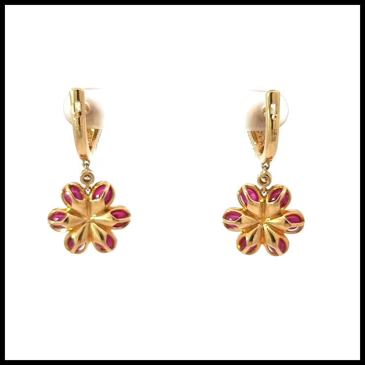 18K Yellow Gold Earrings with Cabochon Drops Cut Rubies and White Diamonds