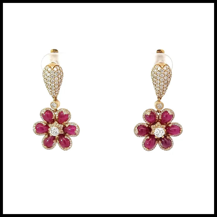 18K Yellow Gold Earrings with Cabochon Drops Cut Rubies and White Diamonds