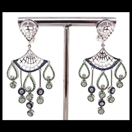 18K Gold Dancing Princess Earrings with Diamonds, Tsavorites and Sapphires