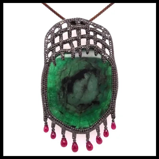14K Gold Tender Trap Pendant with Emeralds, Black Diamonds and Rubies