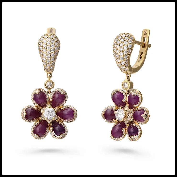 18K Yellow Gold Earrings with Cabochon Drops Cut Rubies and White Diamonds