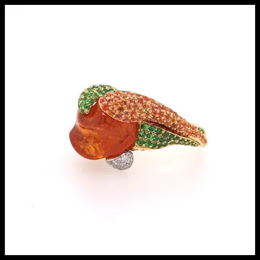 Gold Ring with Uncut Garnet, Tsavorites, Diamonds and Orange Sapphires