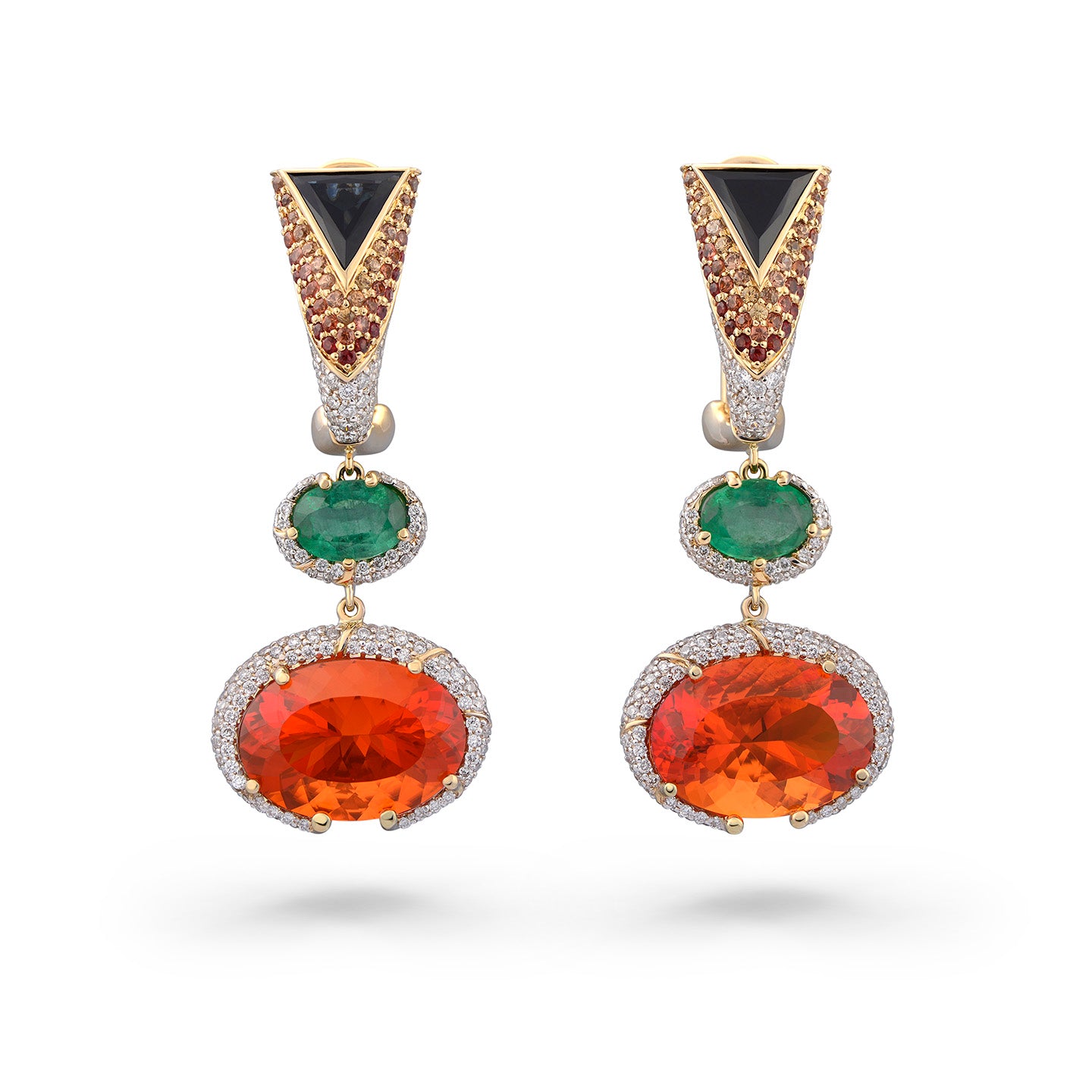 Fire Opal & Emerald Drop Earrings — 18K Yellow Gold, One of a Kind