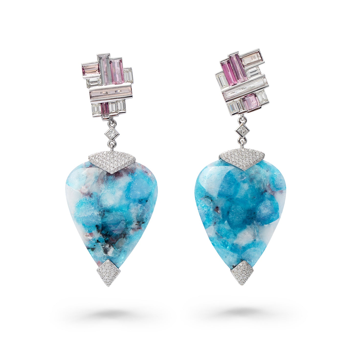 Paraiba Tourmaline Slice, Pink Tourmaline & Diamond Drop Earrings — 18K White Gold, One of a Kind