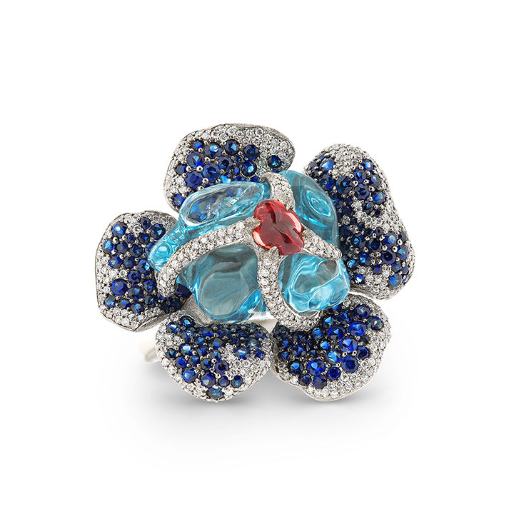 Aquamarine, Sapphire & Diamond Flower Ring — 18K White Gold, One of a Kind