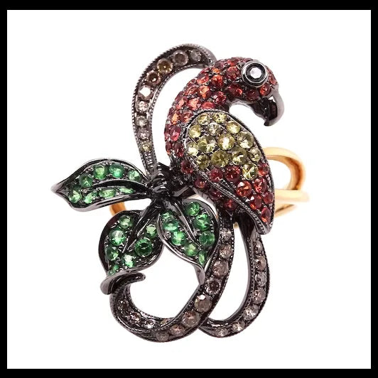 14K Gold Colourful Parrot Ring with Diamonds, Garnets and Sapphires