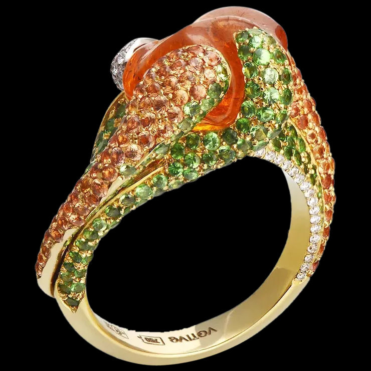Gold Ring with Uncut Garnet, Tsavorites, Diamonds and Orange Sapphires