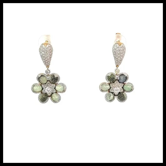18K Yellow Gold Earrings with Briolette Cut Green Sapphires and White Diamonds