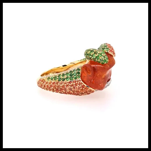 Gold Ring with Uncut Garnet, Tsavorites, Diamonds and Orange Sapphires