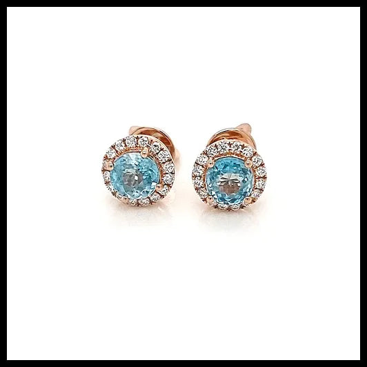 Pink Gold Earring Studs with White Diamonds and Light Blue Natural Zircon