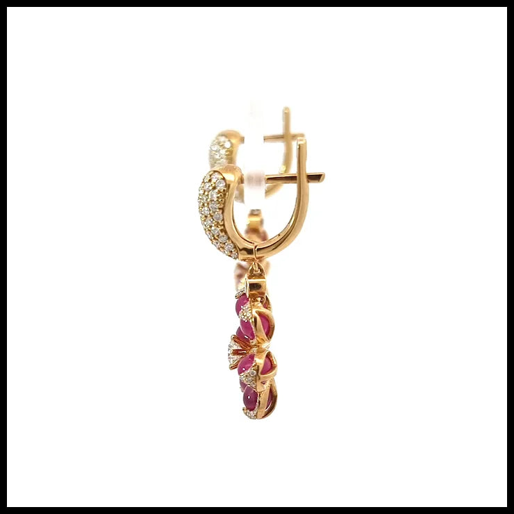 18K Yellow Gold Earrings with Cabochon Drops Cut Rubies and White Diamonds