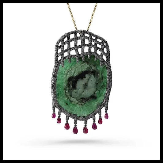 14K Gold Tender Trap Pendant with Emeralds, Black Diamonds and Rubies