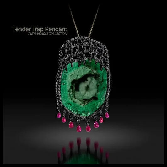 14K Gold Tender Trap Pendant with Emeralds, Black Diamonds and Rubies