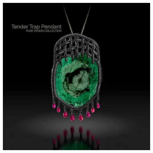 14K Gold Tender Trap Pendant with Emeralds, Black Diamonds and Rubies