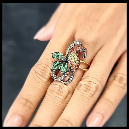 14K Gold Colourful Parrot Ring with Diamonds, Garnets and Sapphires