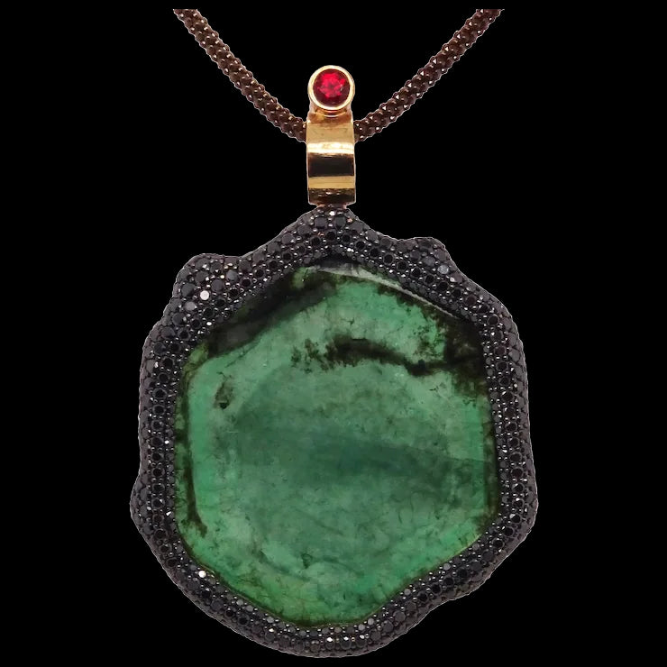 18K Gold Mirror-Mirror Pendant with Emeralds, Sapphires and Diamonds