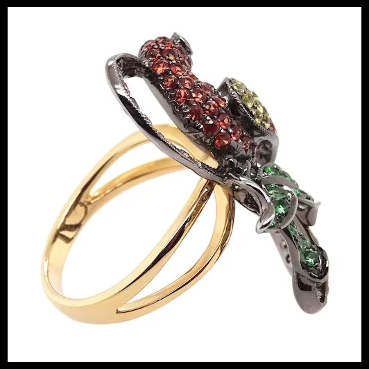 14K Gold Colourful Parrot Ring with Diamonds, Garnets and Sapphires