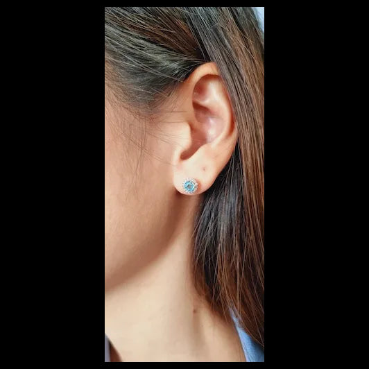 Pink Gold Earring Studs with White Diamonds and Light Blue Natural Zircon