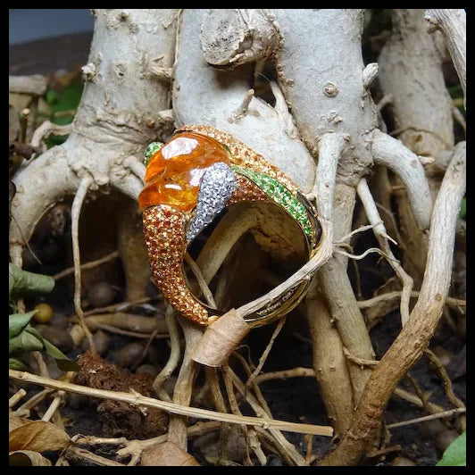 Gold Ring with Uncut Garnet, Tsavorites, Diamonds and Orange Sapphires