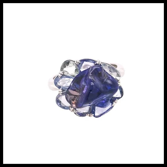 18K White Bonbon Blue Ring with Uncut Tanzanite and Uncut Blue Sapphires