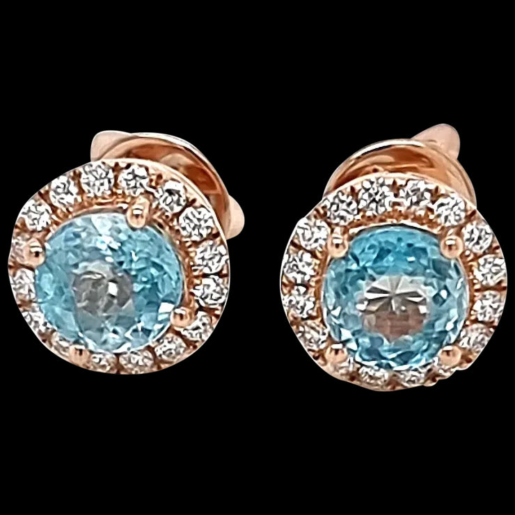Pink Gold Earring Studs with White Diamonds and Light Blue Natural Zircon
