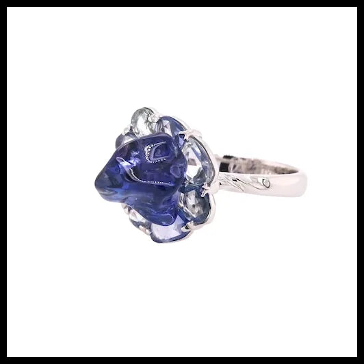 18K White Bonbon Blue Ring with Uncut Tanzanite and Uncut Blue Sapphires
