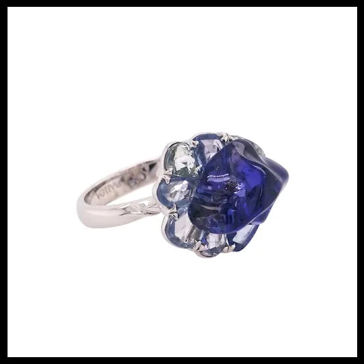 18K White Bonbon Blue Ring with Uncut Tanzanite and Uncut Blue Sapphires