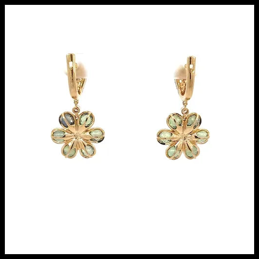 18K Yellow Gold Earrings with Briolette Cut Green Sapphires and White Diamonds