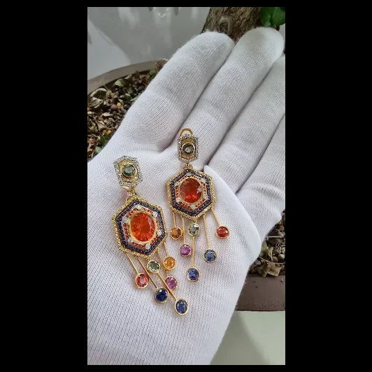 18K Yellow Gold Earrings with Diamonds, Sapphires, Fire Opals | Maasai Mara Earrings