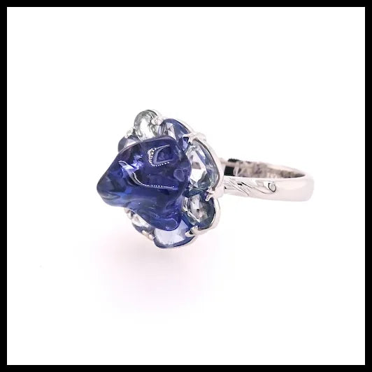 18K White Bonbon Blue Ring with Uncut Tanzanite and Uncut Blue Sapphires