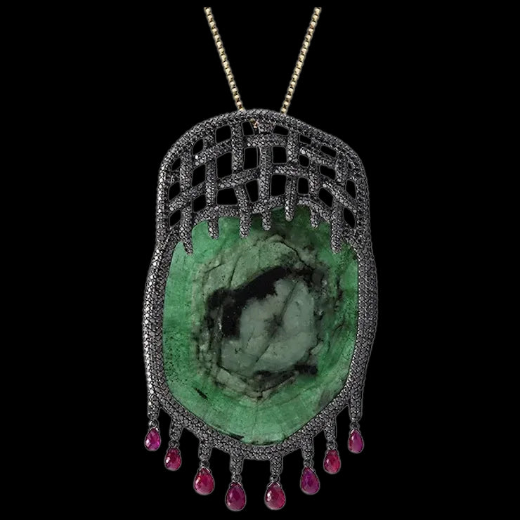 14K Gold Tender Trap Pendant with Emeralds, Black Diamonds and Rubies