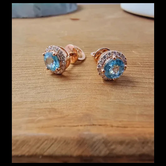 Pink Gold Earring Studs with White Diamonds and Light Blue Natural Zircon
